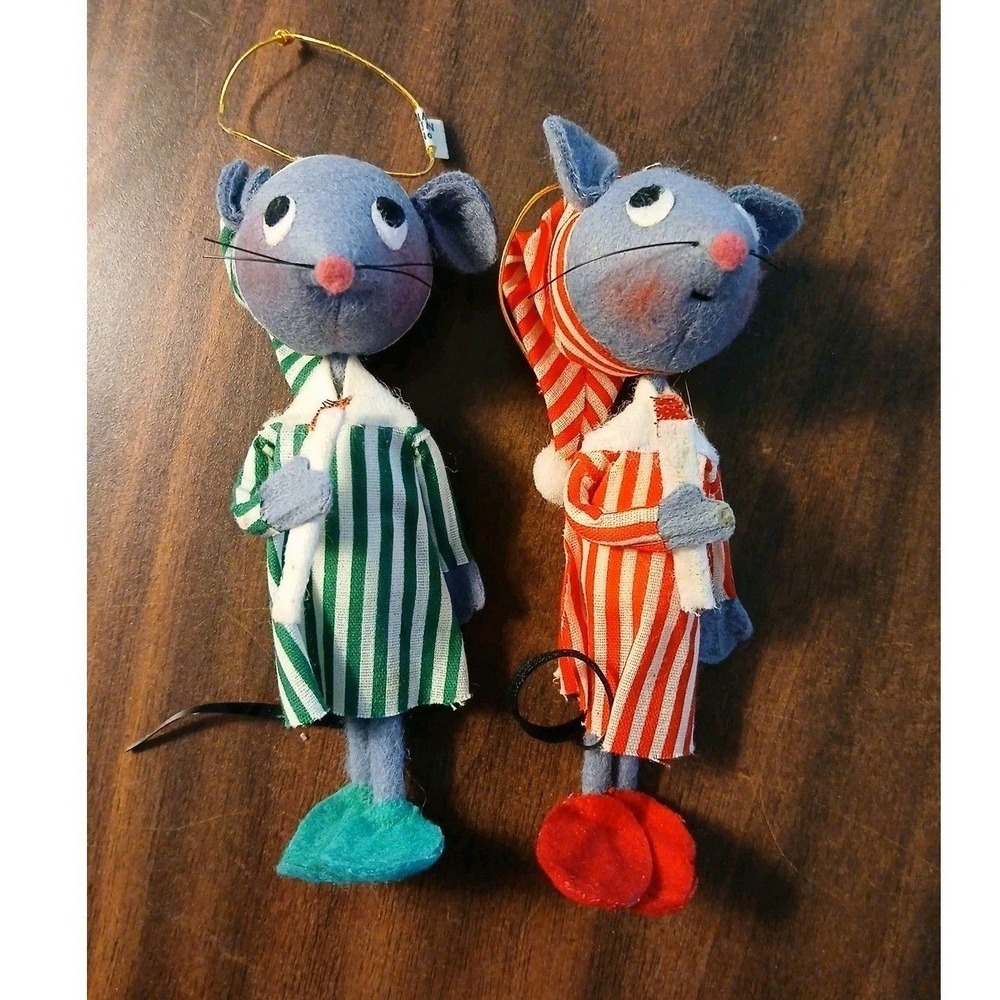 Vtg Christmas Ornaments Mice Pajamas Posable Felt Flocked Pixie Japan Set 2 MCM